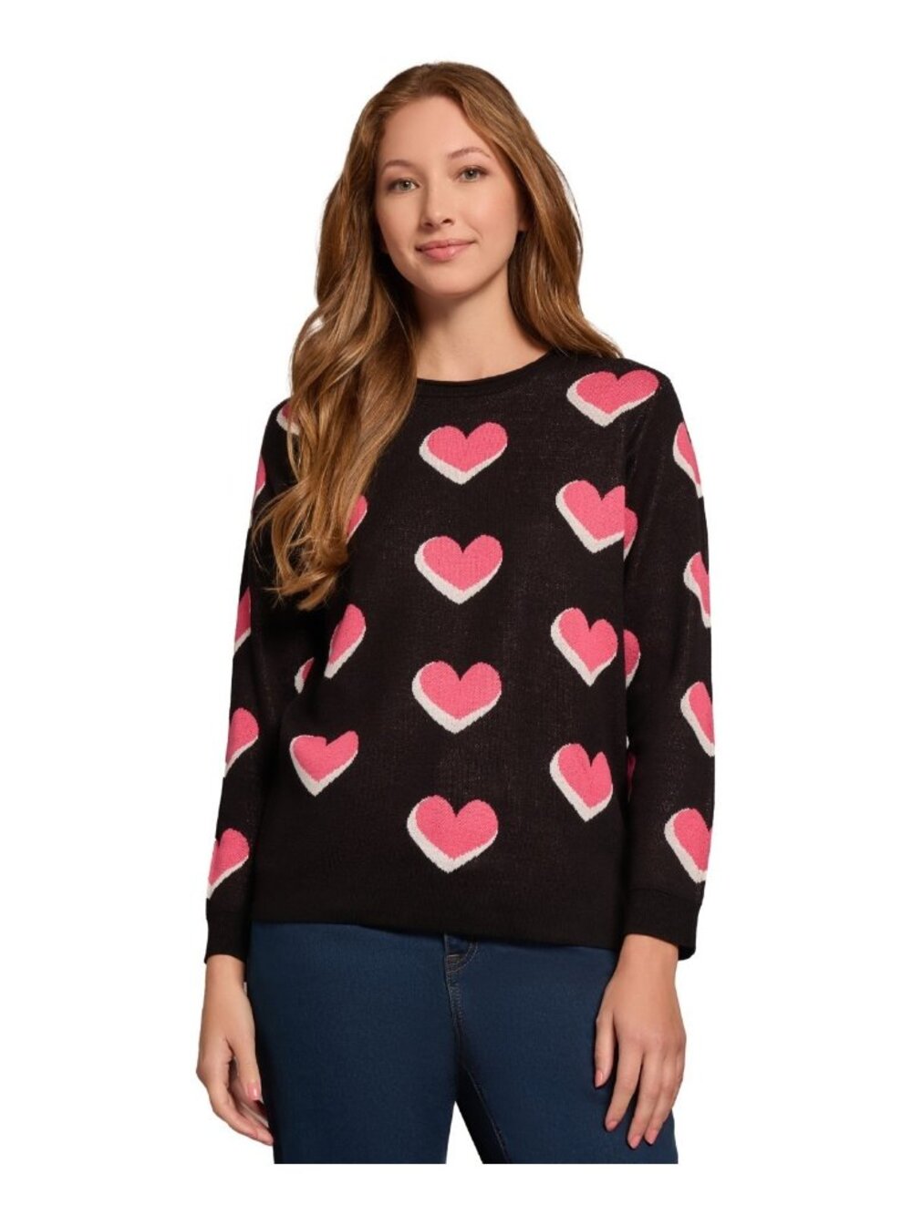 Jones New York Women Scatter Heart Crewneck Cotton Sweater Black Size XL $100